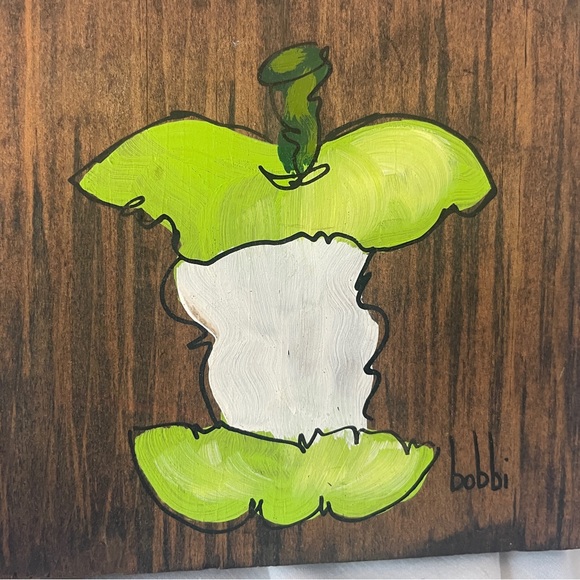 Set of Three (3) Vintage 1970s Hand-painted Green Apple Wooden Plaque Wall Art - Picture 4 of 10